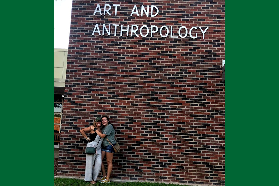 Rebecca "Reba" Toledo with her mother in front of the Art and Anthropology Building before her mother drove back to Huntsville, Texas.