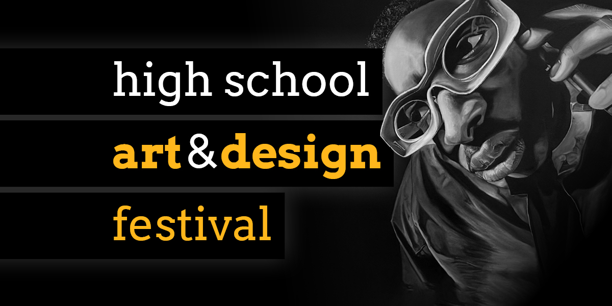 High School Art & Design Festival promotional graphic with a sketch of man with glasses speaking on the phone.