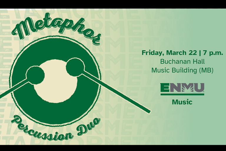 Metaphor Percussion Duo event promotional image. Friday March 22, 2024 7 p.m. at the Music Building, Buchanan Hall