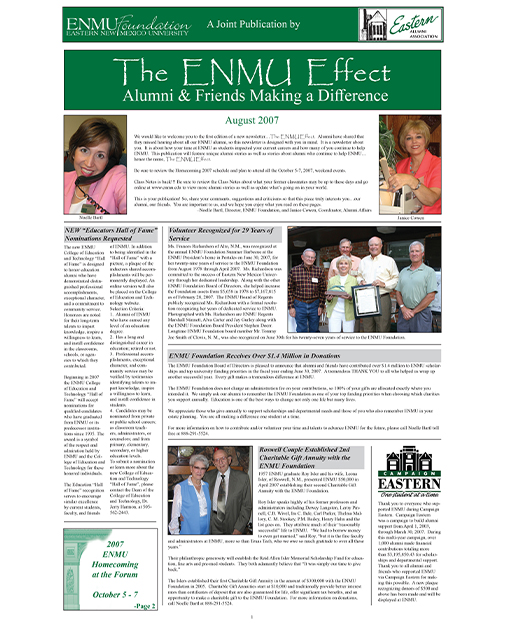 Cover of ENMU Effect for August 2007