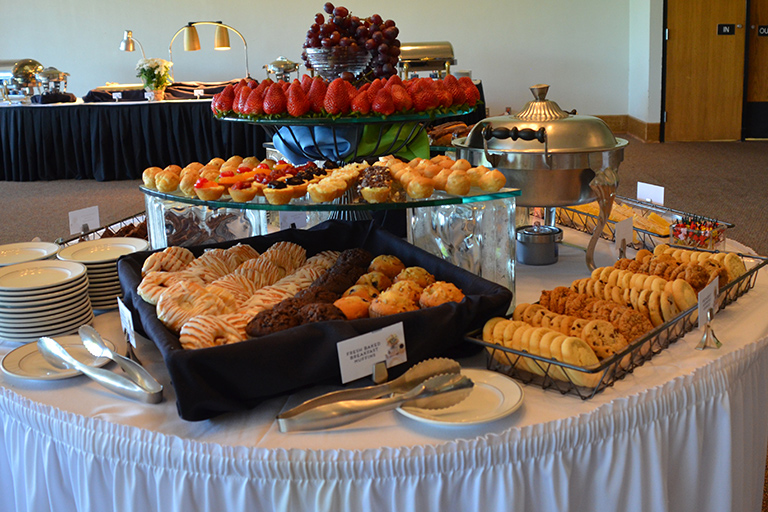 Breakfast breads and fruit display