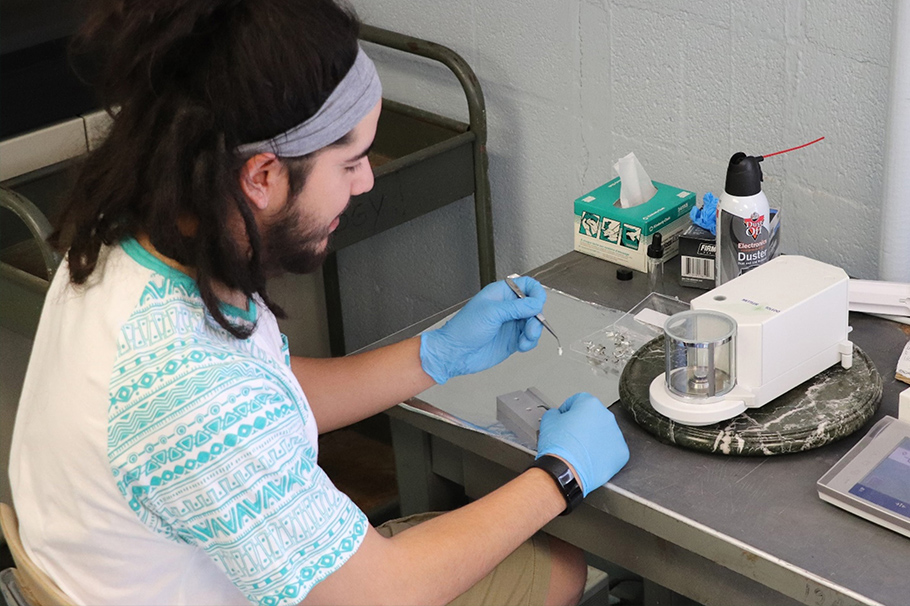 Jeremiah Olivas, a recent graduate of Wildlife and Fisheries Sciences, preparing samples for stable isotope analysis.