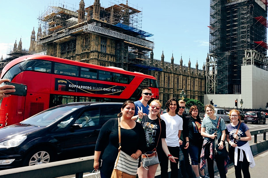 ENMU students in London. Left to Right: Karina Dozal, Nicholas Vaughn, Courtney Thatcher, Christopher Leap, William Powell, Morgen Nations, Breanna Smith and Chloe Barrick in front of the House of Parliament and Big Ben in London.