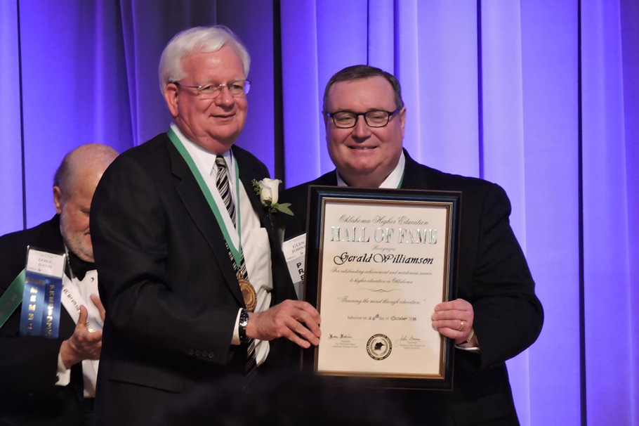 Dr. Gerald Williamson, left, with Oklahoma Chancellor for Higher Education Glen Johnson at Oklahoma Higher Ed Hall of Fame Induction.