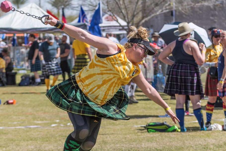 Katy Horgan competing in the weight for distance category of the Scottish Highland Games.