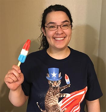 tina with red white and blue attire