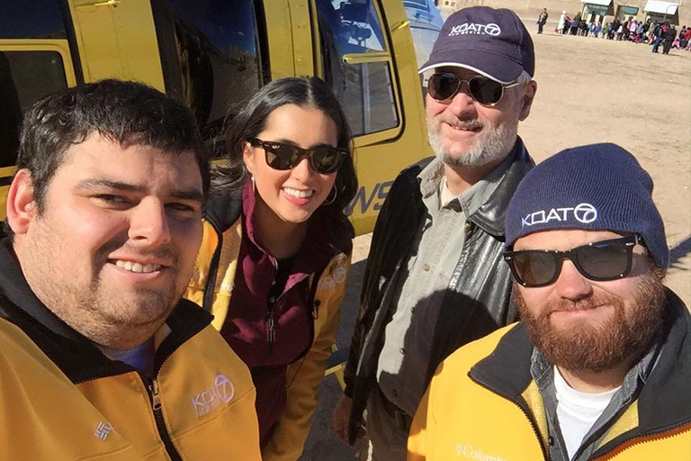 (L-R) Vincent Rodriguez, Sasha Lenninger, Sky 7 Pilot Neal Lawson, and Jacob Wiklund during a KOATs for Kids drop-off in Northern New Mexico.