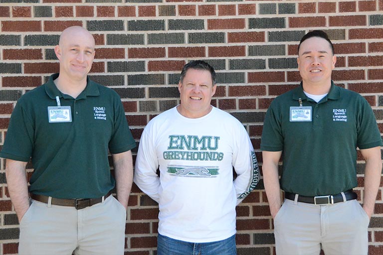 (L-R): William Coburn, Greg Code and James Lovell discuss being a male in the CDIS field with Alyssa Chapman, a Communicative Disorders graduate student.¬