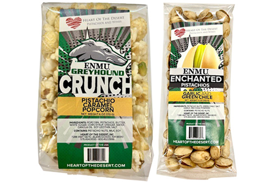 ENMU Enchanted Pistachio and ENMU Greyhound Crunch Caramel Pistachio Popcorn