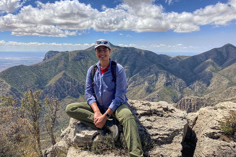 Samantha "Sam" Bomkamp hiking in the Guadalupe Mountains in 2020.