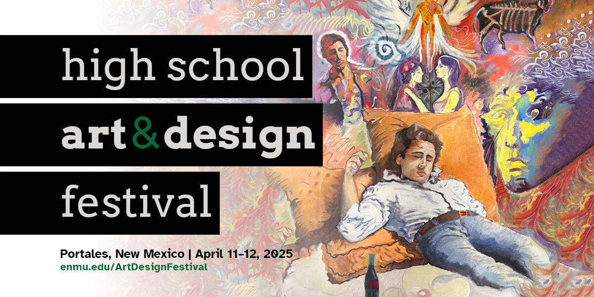 High School Art & Design Festival promotional graphic with a sketch of man dreaming about many illusive things.