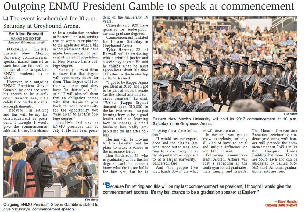 Gamble Commencement Speaker newspaper 2017