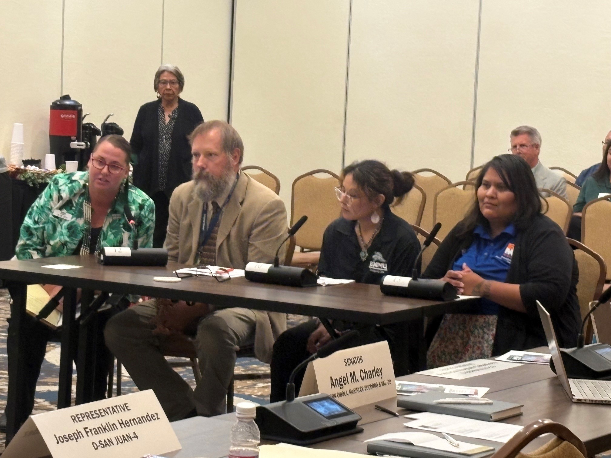 Front row left to right: Dr. Edna Yokum, ENMU-Roswell Dean of Technical Education; Dr. Ryan Trosper, ENMU-Ruidoso President; Bailey Roanhorse, ENMU Portales Student and Coordinator of Indigenous Affairs; Edith Morgan, ENMU-Ruidoso Student, President's Ambassador Club Member, recent HSE Graduate and Current Early Childhood Education Student. Back row left to right: Representative Patricia Roybal Caballero and Todd DeKay, ENMU System Government Relations Officer.